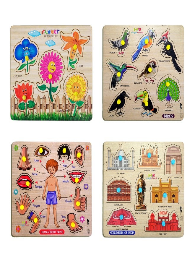 HIGHROOF® Kids Fort Pre Nursery Educational Jigsaw Puzzles for Adults Kids Learning Toys Kit Board Game 4 pcs Set of Flower Birds Human Body Parts & Monuments of India Educational Toy - Image 1